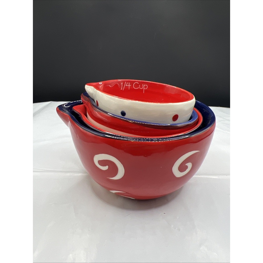 Boston Warehouse Ceramic Nesting Measuring Bowls Cups Set 4pc Red Blue Americana